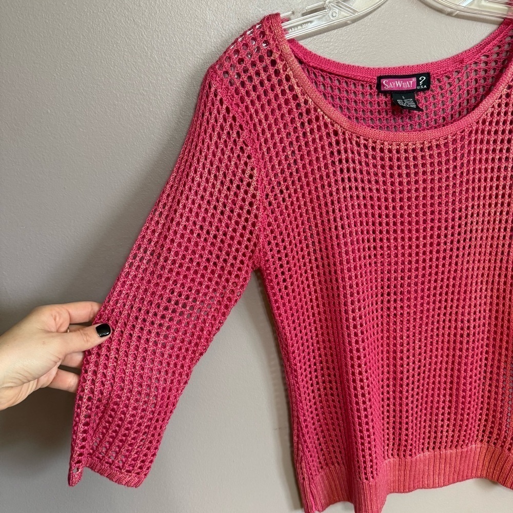 Y2K Say What Pink Sheer Crochet Knit Top - Picture 2 of 5